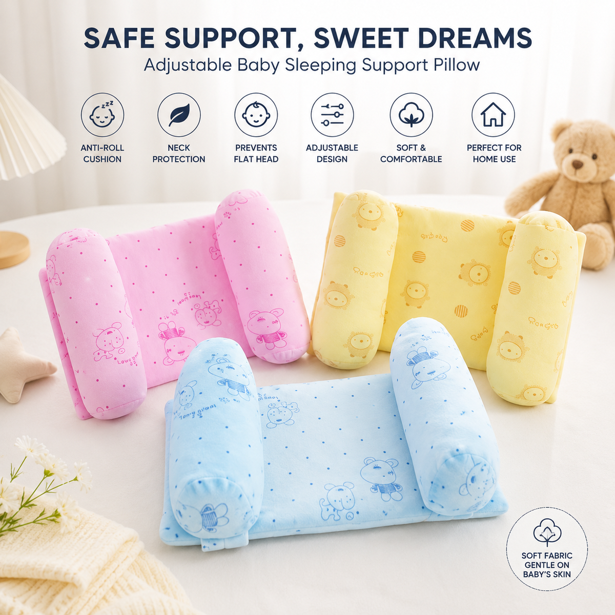 Baby Sleeping Support Pillow | Adjustable Anti-Roll Cushion with Soft Neck Protection for Newborns & Infants