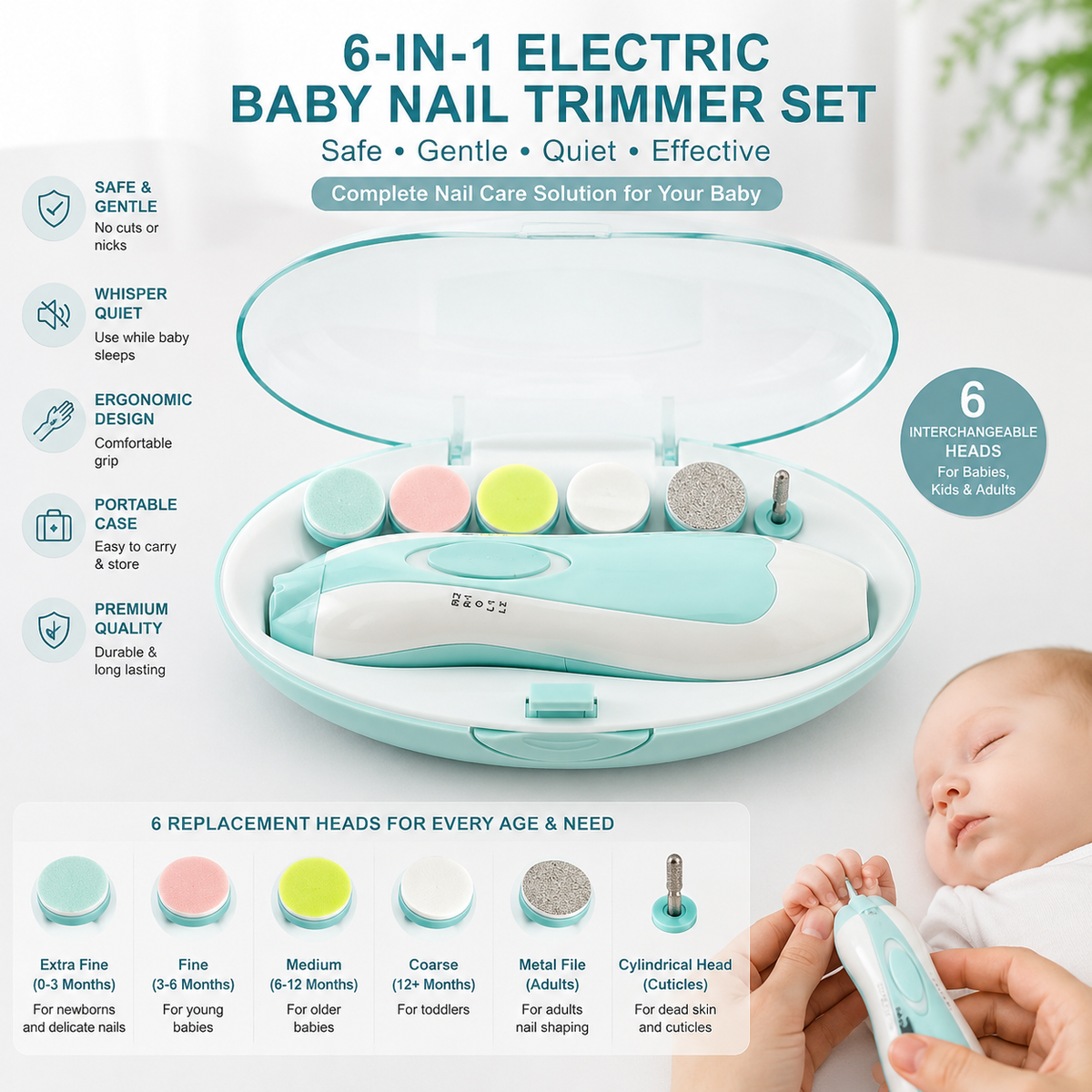 Premium 6-in-1 Electric Baby Nail Trimmer Set – Safe Infant Nail Filer, Clipper Alternative Kit with Storage Case - Random Color