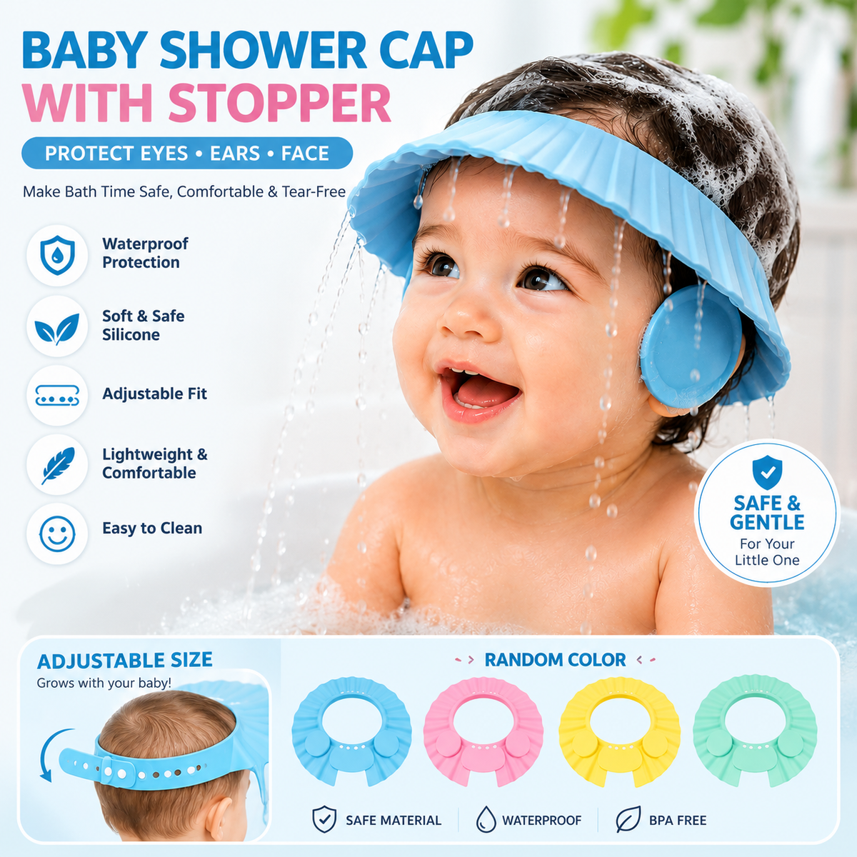 Baby Bath Shower Cap – Soft Waterproof Silicone Hair Washing Hat with Eye & Ear Protection for Babies