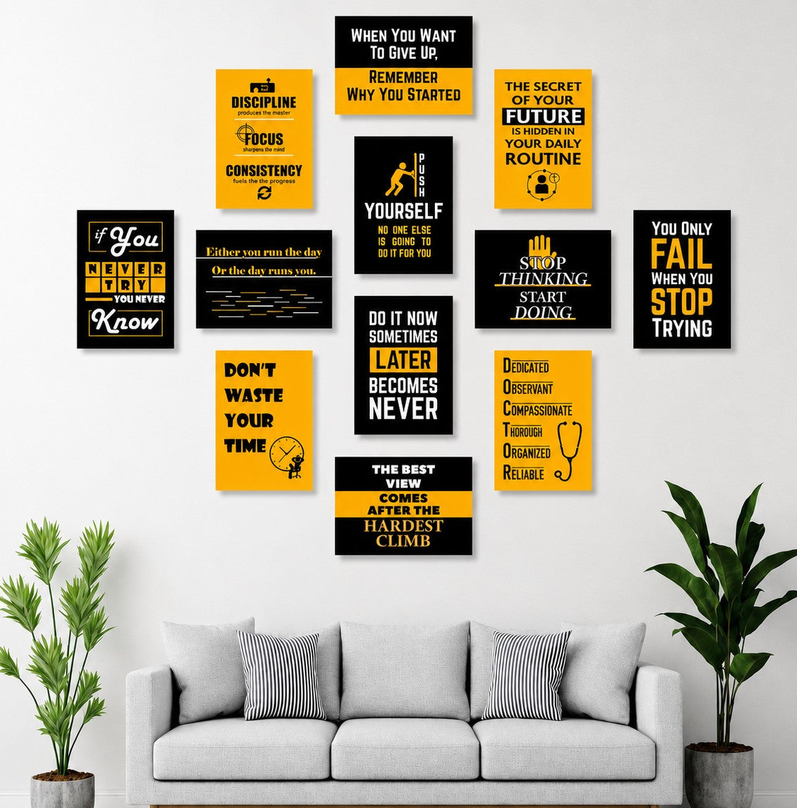 Yellow And Black Motivational Wall Art Posters 12 Pcs Set Wooden Sticky Tiles 5x7 Inches Easy Mounting