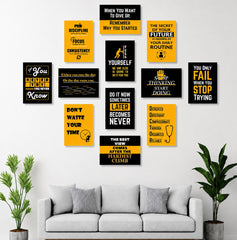 Yellow And Black Motivational Wall Art Posters 12 Pcs Set Wooden Sticky Tiles 5x7 Inches Easy Mounting
